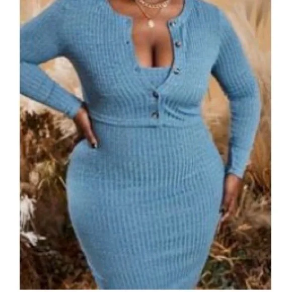 Blue Ribbed Button-Front Bodycon Dress - Picture 1 of 3